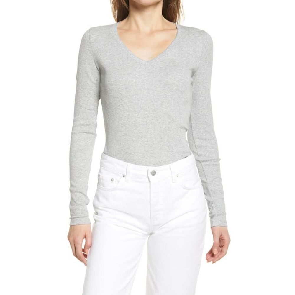 Nordstrom Heather Grey V Neck Long Sleeve Shirt S